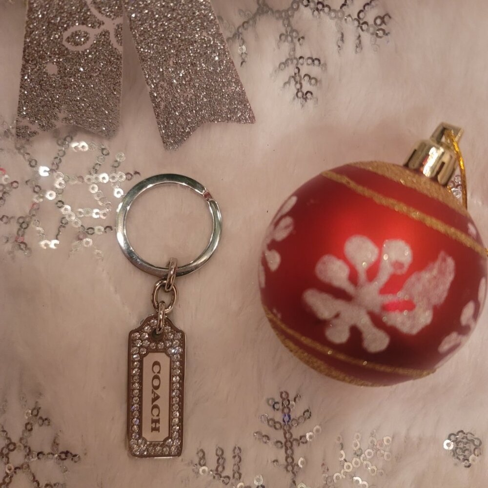 Coach Silver Rectangular Logo Key Ring with Rhinestone Border - Picture 5 of 15